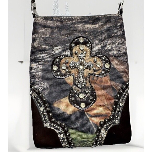 Rhinestone Camo Studded Cross Purse Chain Strap Rustic Coutures Cowgirl - Picture 2 of 14